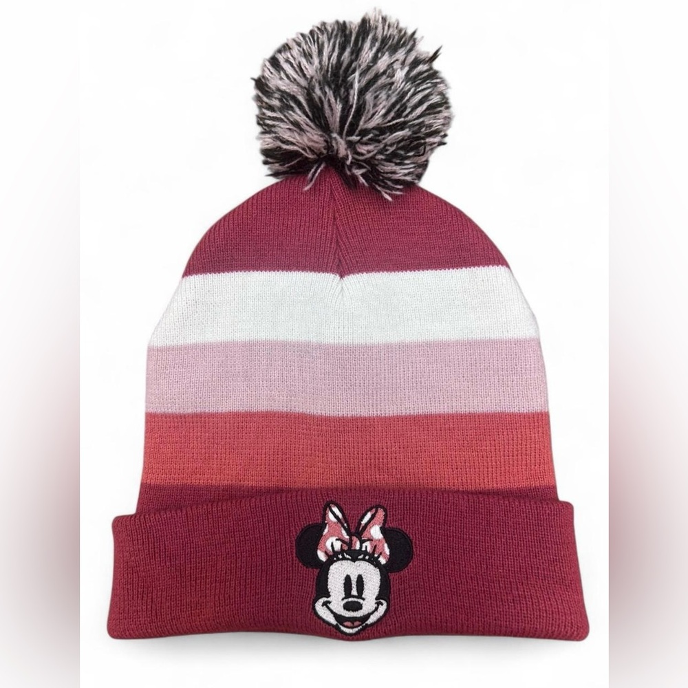 Disney Minnie Mouse Pom Beanie Hat – One Size Striped Knit Winter Pink White
